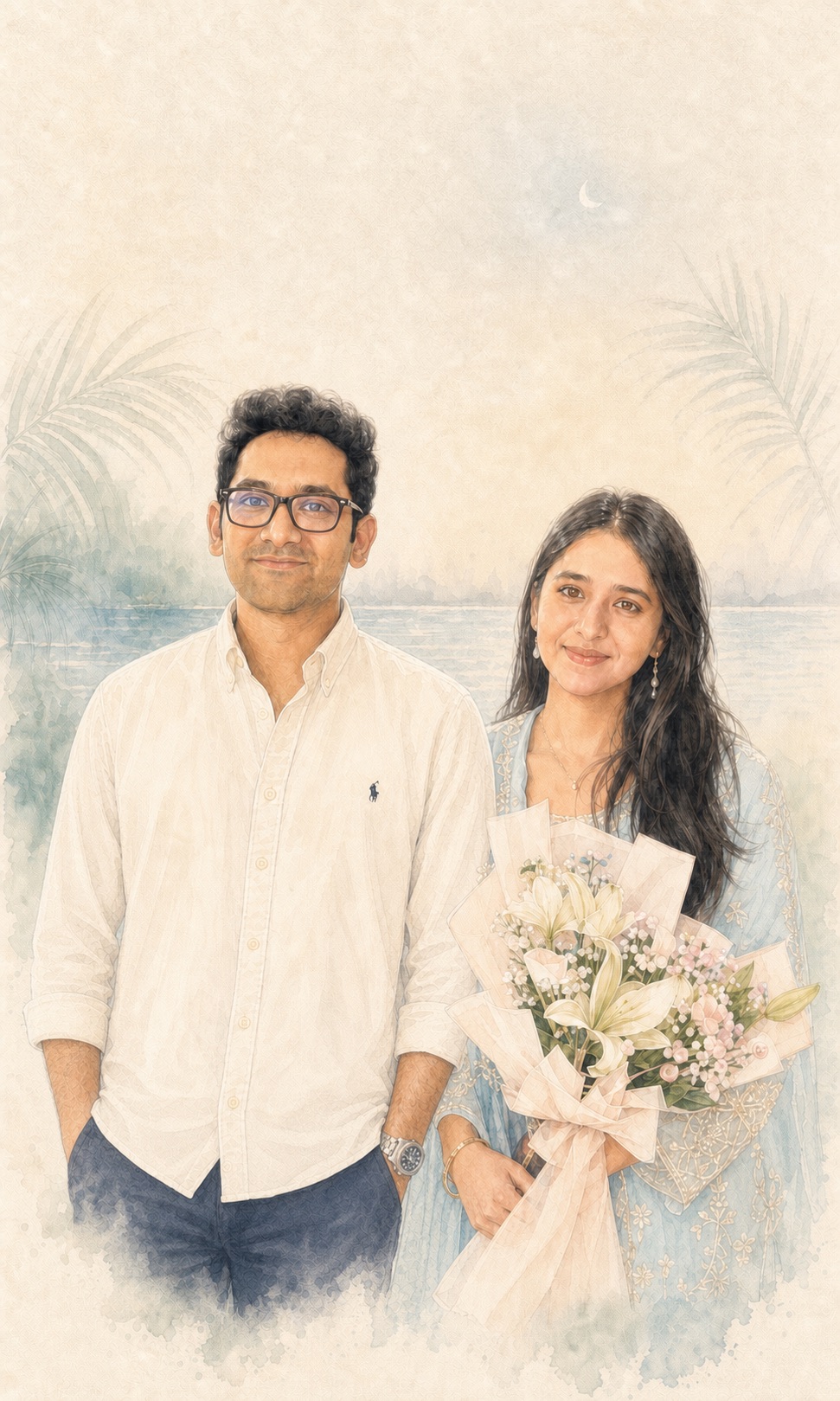 Watercolor portrait of Dares and Azraa standing together