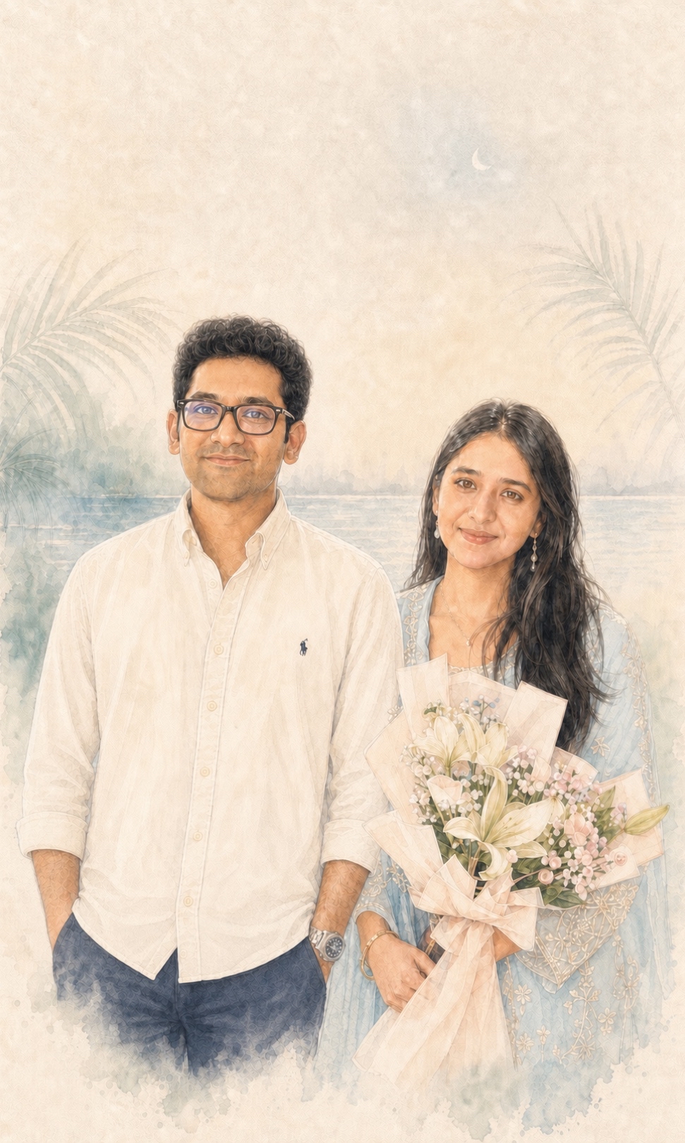 Watercolor portrait of Dares and Azraa standing together