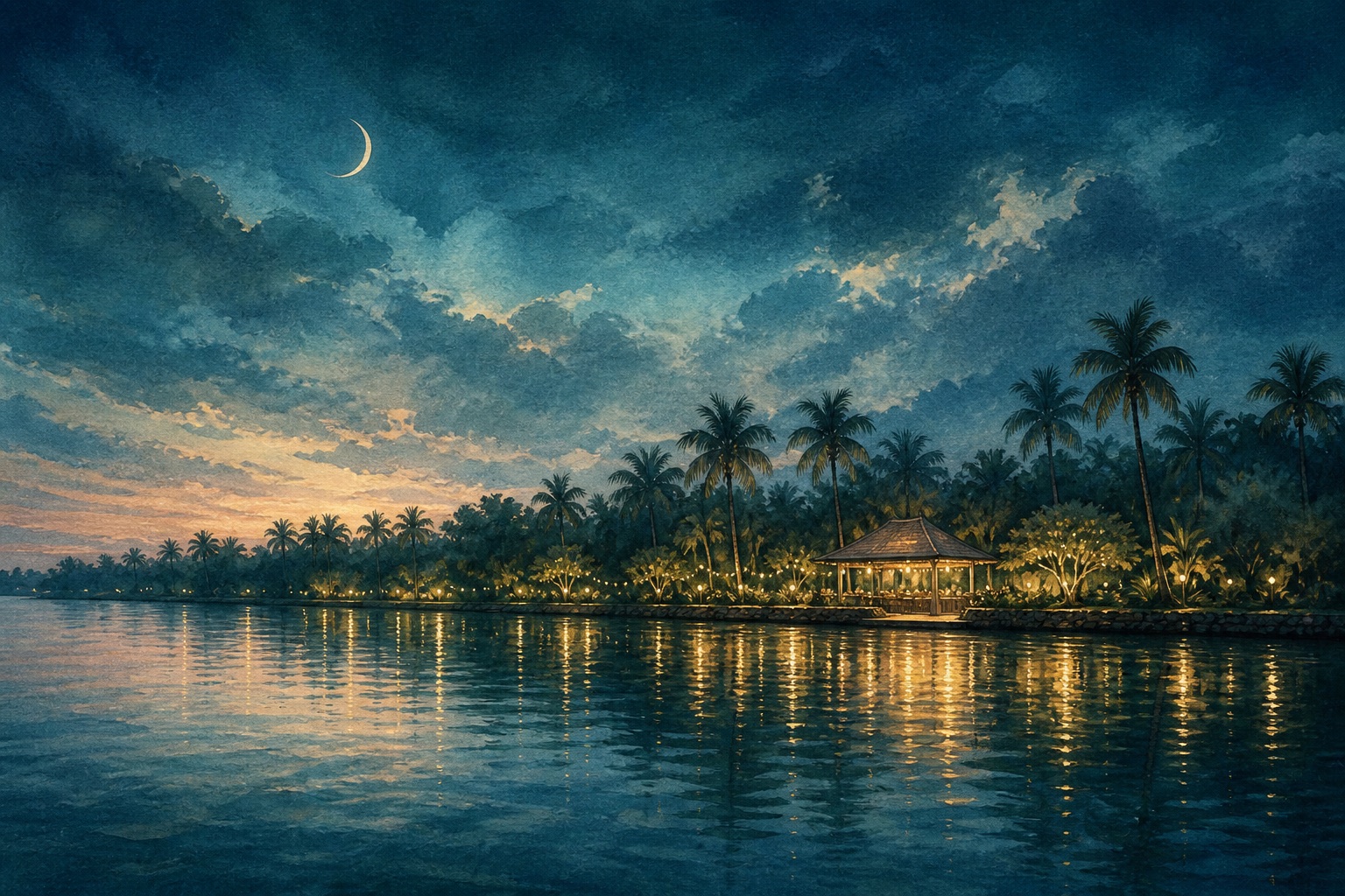 Watercolor nocturne of Malabar Marina glowing beside a Kerala river